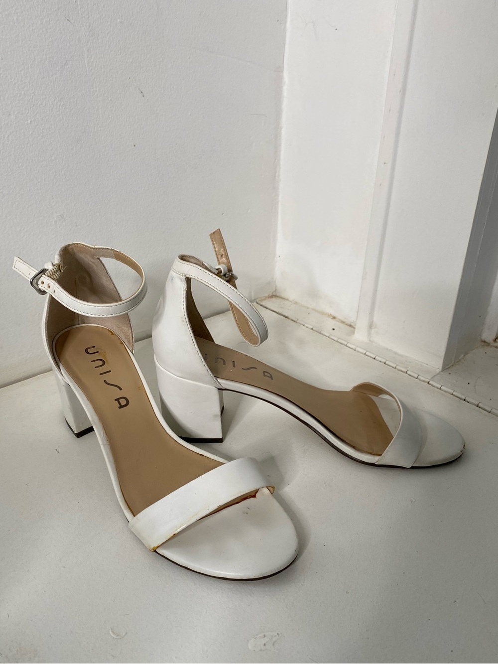 Unisa White Open-Toe Ankle-Strap Low Block Heels
